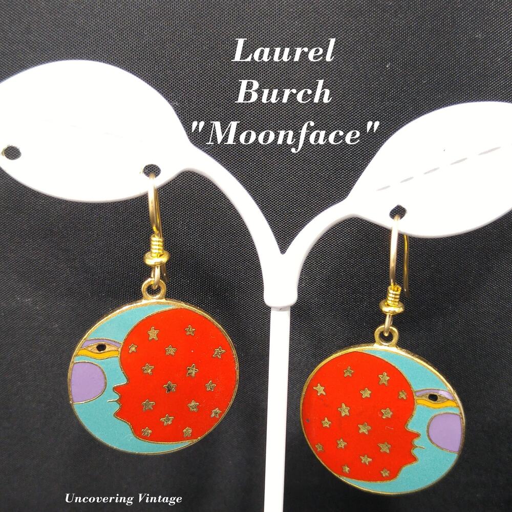 Laurel Burch Moonface Cloisonné Enamel Earrings Gold Filled 80s